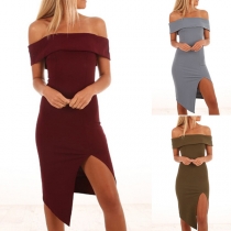Sexy Off-shoulder Boat Neck Slit Hem Solid Color Slim Fit Dress