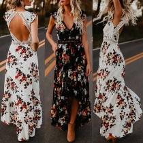 Sexy Backless Deep V-neck Sleeveless Printed Dress