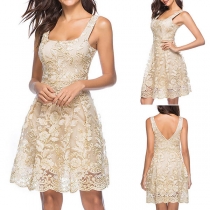 Sexy Backless Sleeveless High Waist Embroidered Dress