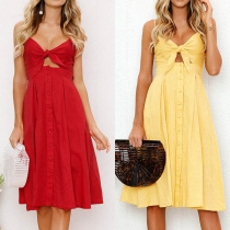 Sexy Backless Knotted V-neck High Waist Solid Color Sling Dress