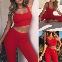 Fashion Solid Color Sleeveless Crop Top + High Waist Pants Two-piece Set 