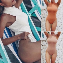 Sexy Backless Sleeveless Mock Neck Solid Color Bodysuit