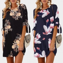 Fashion Half Sleeve Round Neck Loose Printed Dress