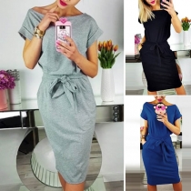 Fashion Solid Color Short Sleeve Round Neck Lace-up Dress