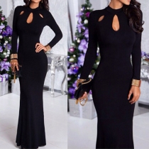 Sexy Hollow Out Mock Neck Long Sleeve Solid Color Party Dress