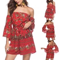 Sexy off-shoulder Boat Neck Trumpet Sleeve Printed Chiffon Romper 