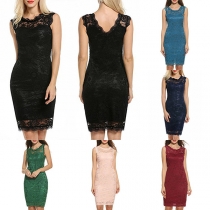 Elegant Solid Color Sleeveless Round Neck Slim Fit Lace Dress