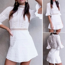 Fashion Solid Color Trumpet Sleeve High Waist Hollow Out Dress