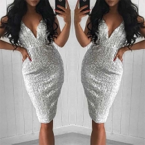Sexy Deep V-neck High Waist Slim Fit Sling Sequin Dress