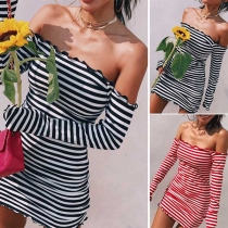 Sexy Off-shoulder Boat Neck Long Sleeve Slim Fit Striped Dress