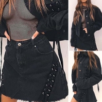 Fashion High Waist Lace-up Denim Skirt 