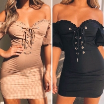 Sexy Off-shoulder Short Sleeve Lace-up V-neck Solid Color Dress