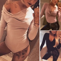 Sexy Solid Color Long Sleeve Cowl Neck Bodysuit 