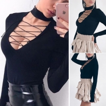 Sexy Solid Color Long Sleeve Crossover Lace-up Bodysuit 