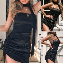 Sexy Backless Solid Color Slim Fit Sling Dress with Choker Strap 