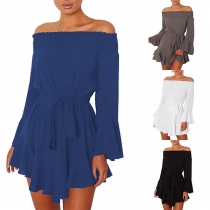 Sexy Off-shoulder Boat Neck Trumpet Sleeve Ruffle Hem Dress