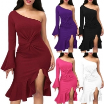 Sexy One-shoulder Trumpet Sleeve Ruffle Hem Solid Color Dress