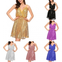 Sexy Backless Deep V-neck Sequin Sling Dress