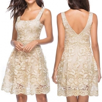 Sexy Backless Sleeveless Square Collar Embroidered Dress