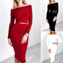 Fashion Boat-neck Long Sleeve Slim Fit Shirt + Over-hip Dress Set