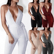 Sexy Deep V-neck Solid Color Sling Slim Fit Backless Waistband Jumpsuit 