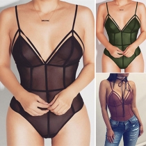 Sexy Deep V-neck Sling Clinging Gauze Spliced Slim Fit Jumpsuit