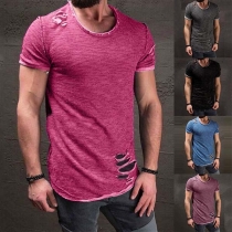 Fashion Round-neck Solid Color Short Sleeve Slit Man's Shirt 