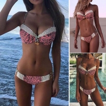 Sexy Contrast Color Clinging Lace Spliced Sling Bikini Set