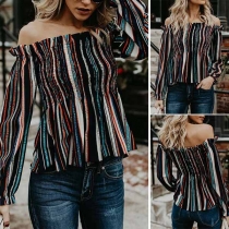 Sexy Contrast Color Striped Boat-neck Long Sleeve Slim Fit Shirt