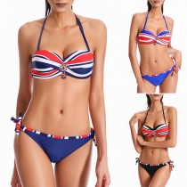 Sexy Sling Contrast Color Striped with Alloy Pendant Clinging Bikini Set