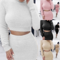 Sexy Solid Color Long Sleeve Slim Fit Chop Hemline Top + Over-hip Skirt Set