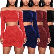 Sexy Boat-neck Off-shoulder Long Sleeve Chop Hemline + Over-hip Skirt Two-piece Set