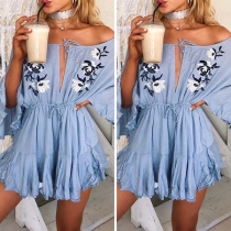 Sexy Boat-neck Long Trumpet Sleeve Embroidered Ruffle Hemline Dress