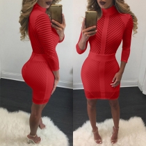 Sexy Solid Color Gauze Spliced Long Sleeve Zipper Slim Fit Over-hip Dress