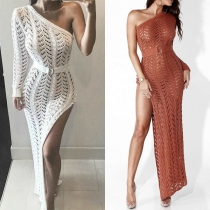 Sexy Oblique Shoulder Hollow Out Slit Hemline Slim Fit Dress