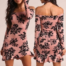 Sexy Off-shoulder Boat Neck Long Sleeve Ruffle Hem Printed Dress