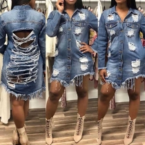 Chic Style Long Sleeve POLO Collar Frayed Hem Ripped Denim Coat 