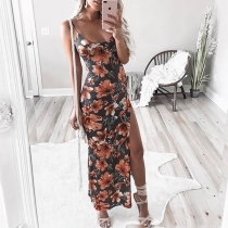 Sexy Backless Slit Hem Printed Sling Dress