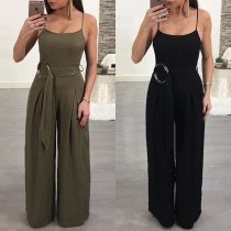 Sexy Backless High Waist Solid Color Sling Jumpsuit with Waist Strap