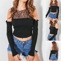 Sexy Off-shoulder Long Sleeve Solid Color Lace Spliced T-shirt 