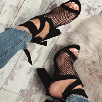 Sexy Thick High-heeled Peep Toe Hollow Out Gauze Lace-up Sandals 