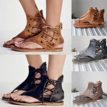 Fashion Solid Color Flat Heel Lace-up Thong Sandals