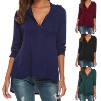 Fashion Solid Color Long Sleeve V-neck High-low Hem Blouse