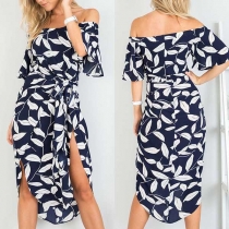 Sexy Off-shoulder Boat Neck Short Sleeve Slit Hem Printed Dress