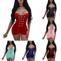 Sexy Strapless High Waist Solid Color Lace-up Romper