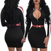 Fashion Contrast Color Long Sleeve Stand Collar Tight Dress