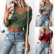 Sexy Off-shoulder V-neck Long Sleeve Hollow Out Crop Top