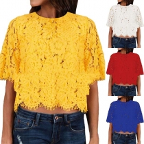 Fashion Solid Color Short Sleeve Round Neck Lace Top 