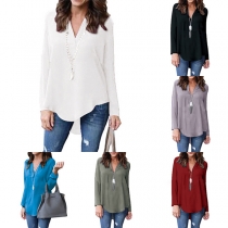 Fashion Solid Color Long Sleeve V-neck High-low Hem Chiffon Blouse