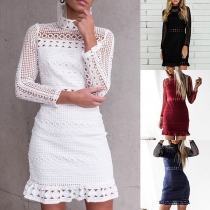 Sexy Long Sleeve Mock Neck Slim Fit Hollow Out Lace Dress